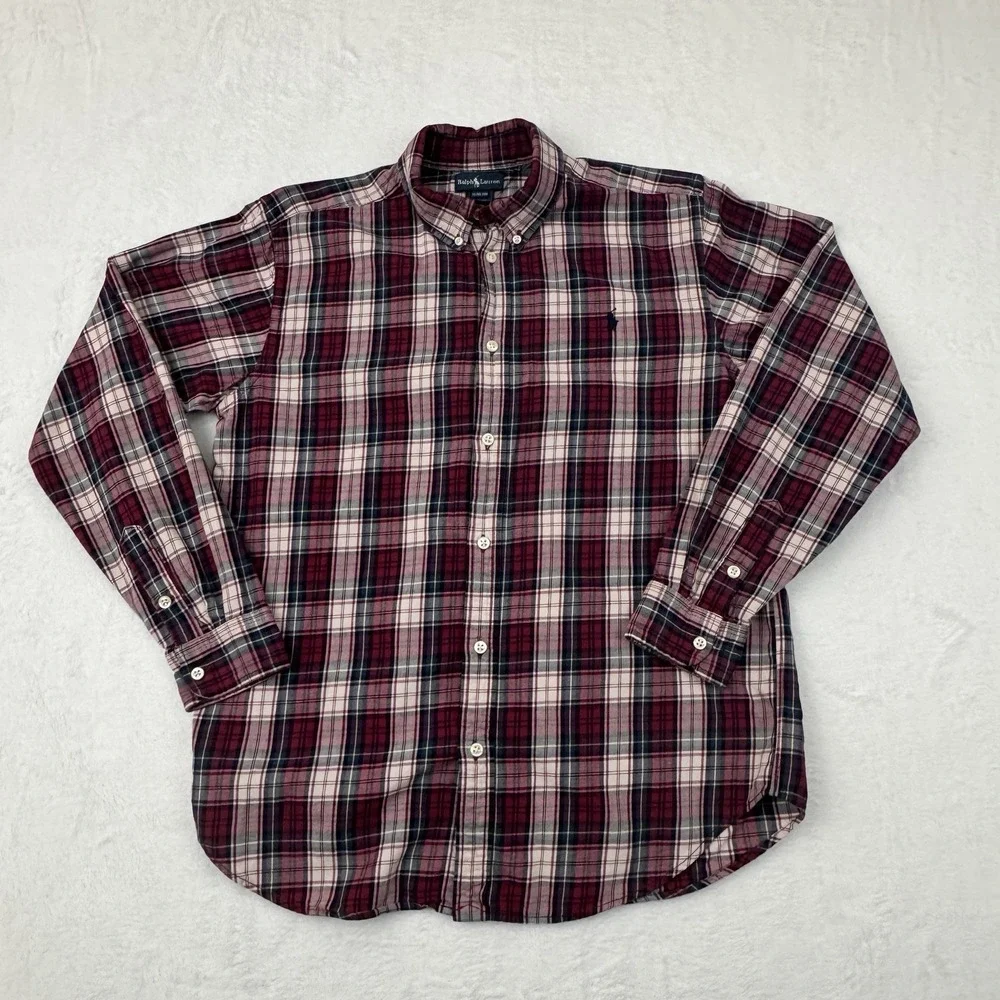 Ralph Lauren Shirt Boys XL 18-20 Red Plaid Long Sleeve Button Down Blue Pony